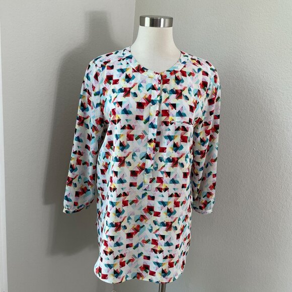 Nydj Womens Large Geometric Blouse 3/4 Sleeve Button Up Top Pleated Back Shirt - Picture 1 of 9